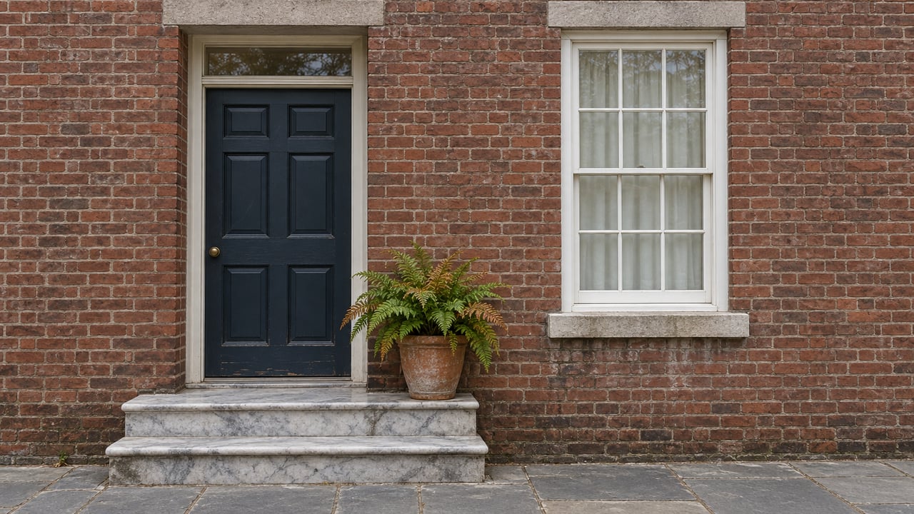A blue-black paneled door and white sash window in an aged brick facade above a worn marble stoop, with one potted fern.