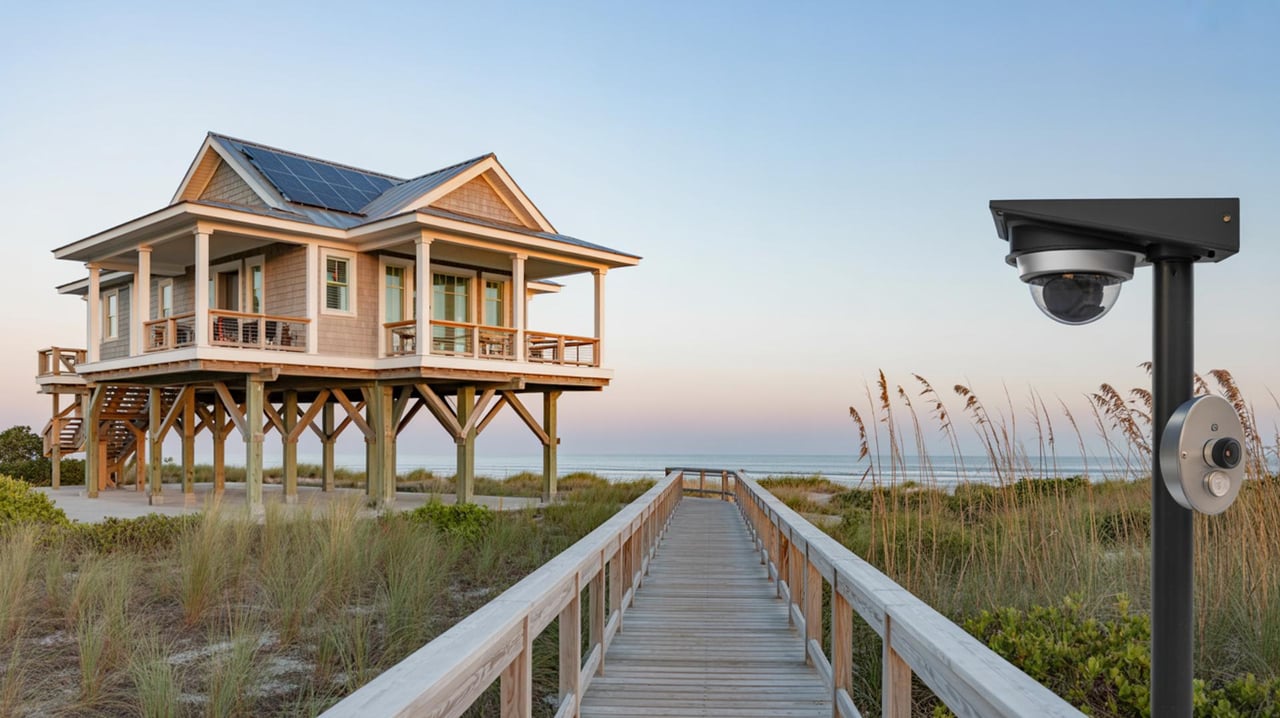 Elevated coastal house with rooftop solar panels beside a boardwalk and a security camera.