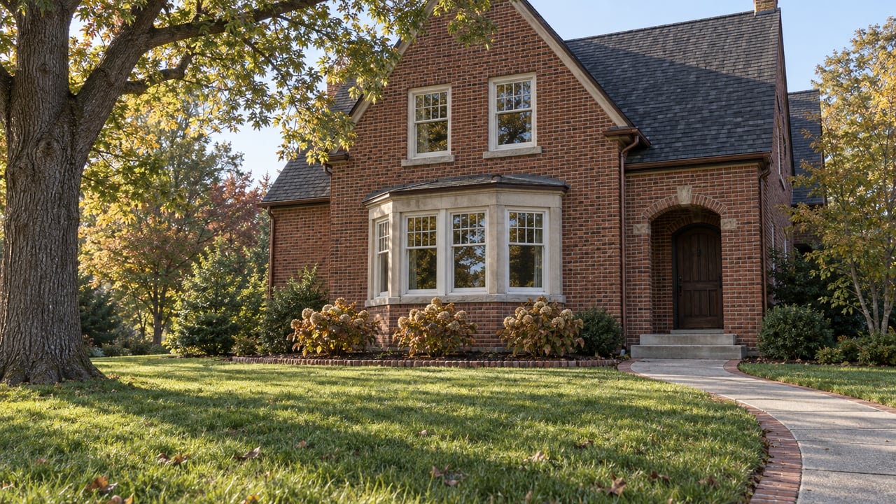 A red-brick two-story home behind a deep lawn, with divided-pane windows, a curved concrete walk and a mature white oak.