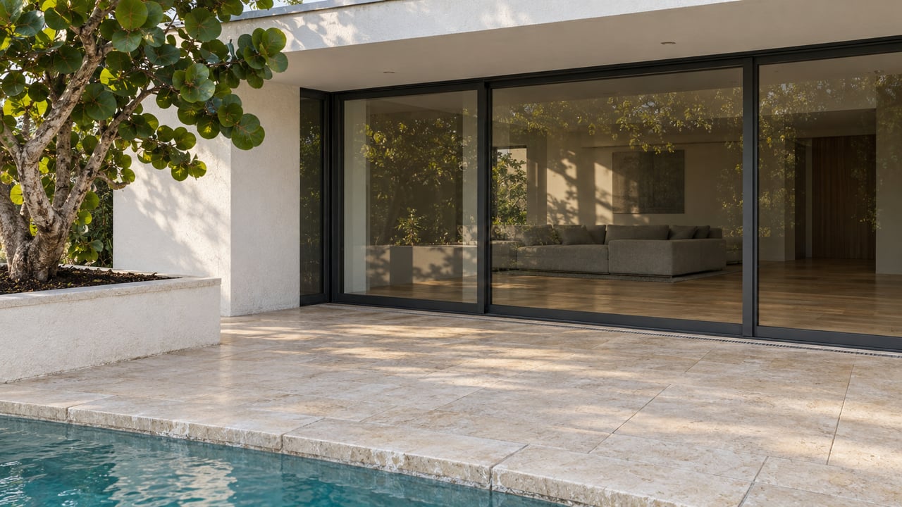 Close view of a white contemporary home's covered limestone terrace, closed glass doors, a sculptural sea grape tree and a narrow blue-green pool edge.