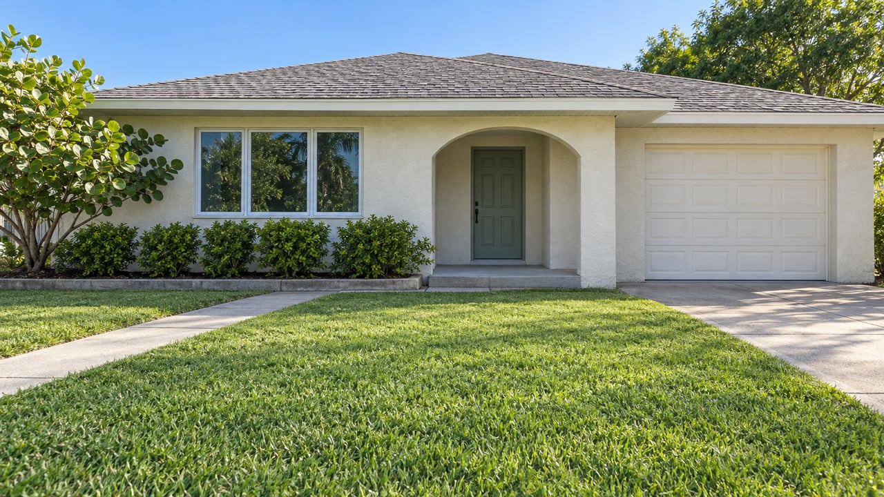 Sunlit single-story stucco home with an arched porch, broad front lawn, concrete walk and sculptural sea grape tree.