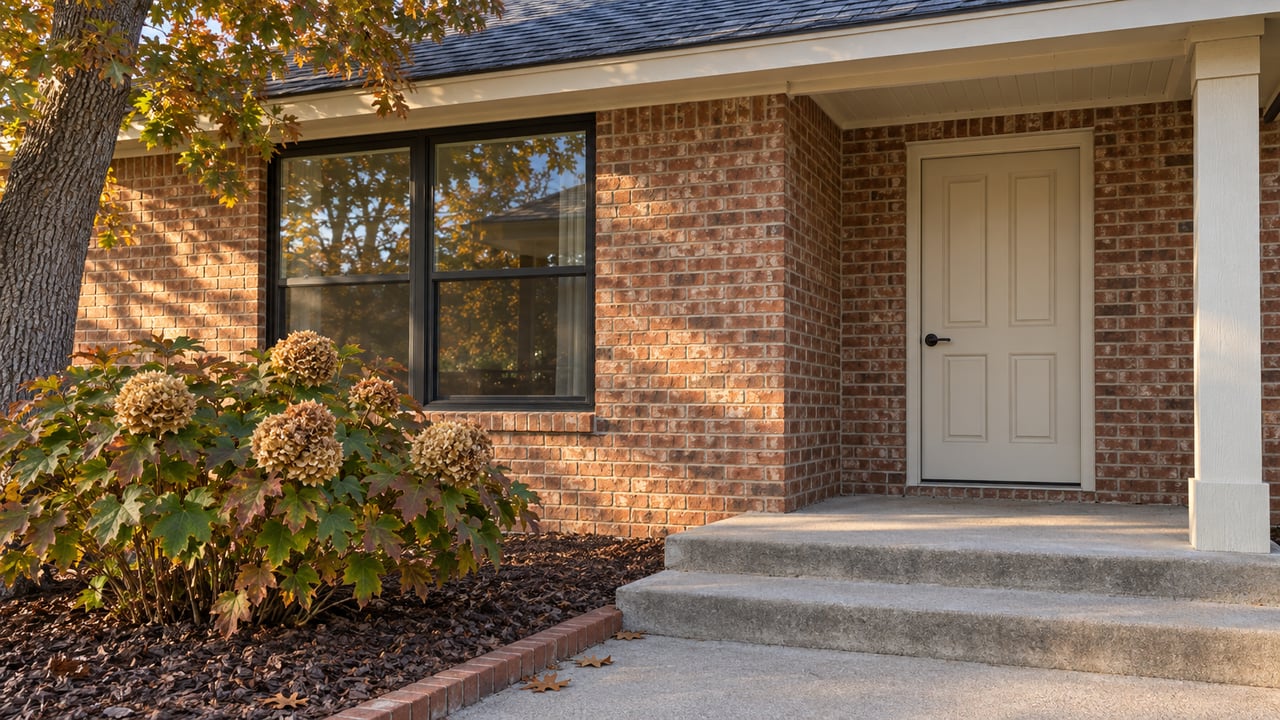Autumn sunlight across a brick home's covered entry, concrete steps and oakleaf hydrangea.