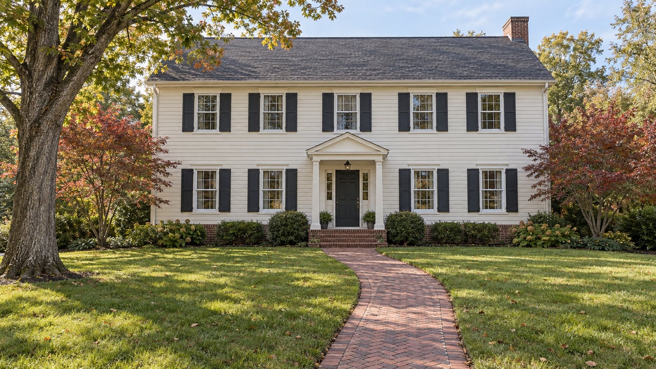 Ivory clapboard detached house with paired dark shutters, brick entry steps, and a deep autumn lawn beneath a mature oak.