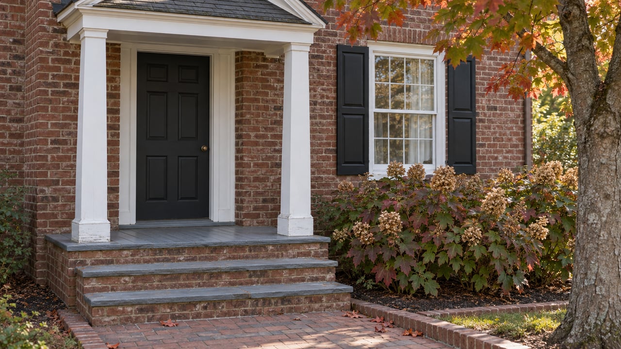 Red-brick home entry with white portico columns, weathered stone steps, and autumn hydrangeas beside a maple tree.