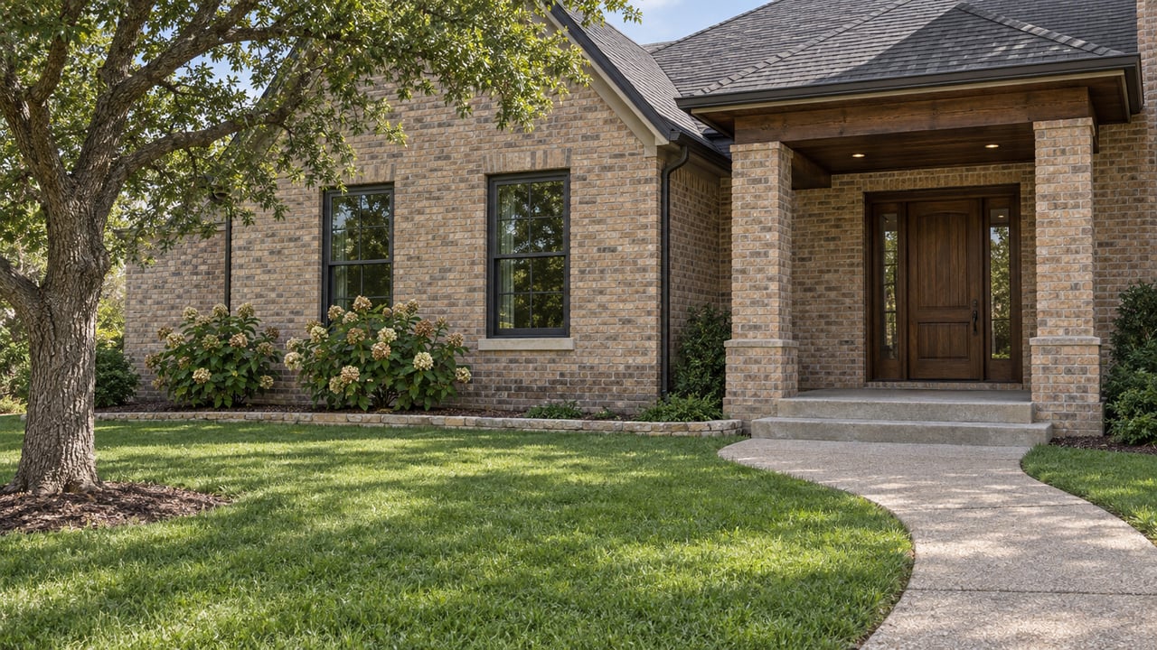 Buff-brick home with a shaded timber porch, curved aggregate walk, broad lawn and mature oak.