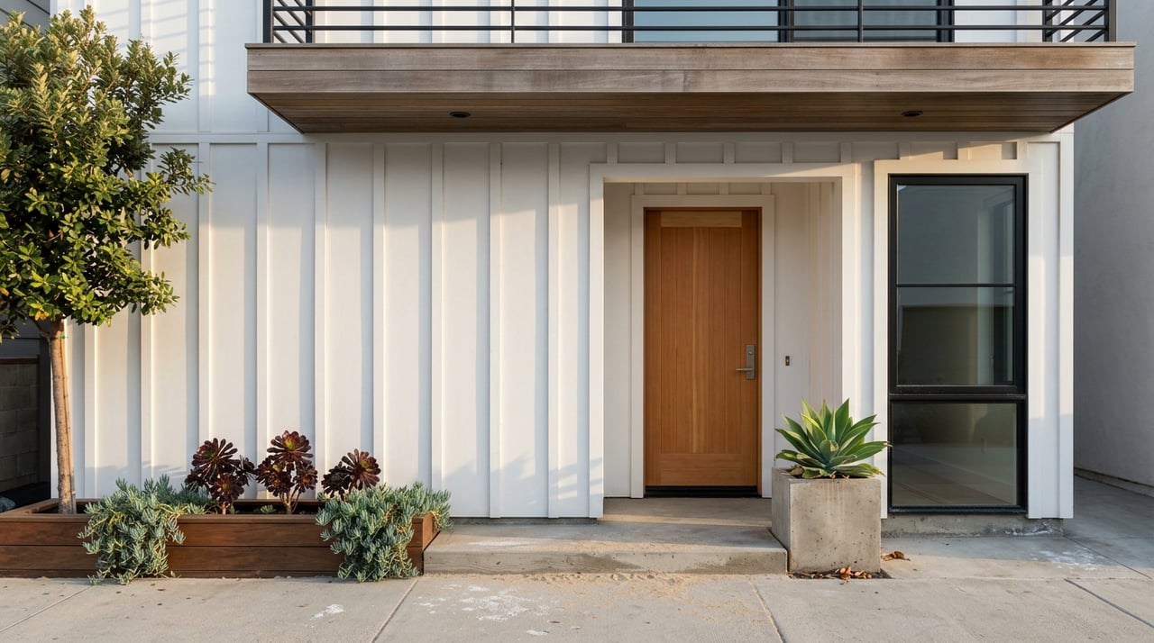 Compact white coastal cottage with a fir entry door, black-framed window, cantilevered deck, and succulent planters.