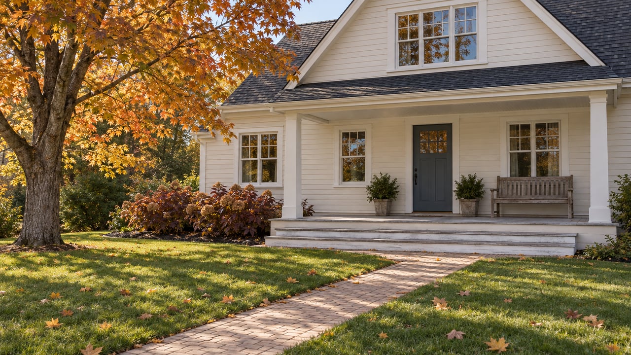 Ivory clapboard cottage with a covered wood porch, brick approach and golden maple over a deep autumn lawn.
