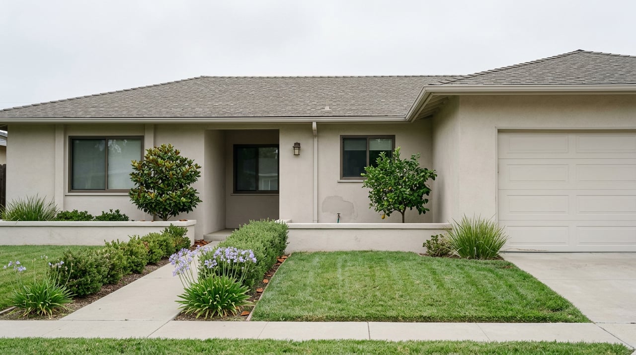 Single-story stucco home with an attached garage, concrete walk, lawn, and flowering plants beneath an overcast sky.