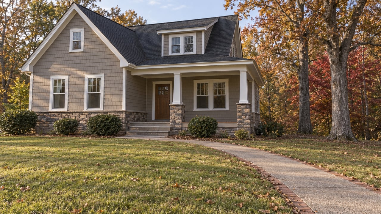 A modest gabled home with taupe siding, a stone-based porch and a broad autumn lawn beside mature oak trees.