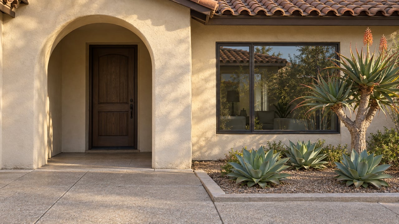 Cream stucco home entrance beneath a clay-tile roof, with a recessed arched doorway and sculptural aloe beside a dark-framed window.
