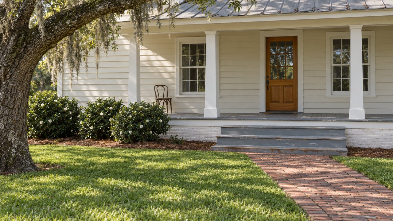 Cream wood-sided home with a raised covered porch, weathered steps, brick front walk, and a moss-draped live oak beside the lawn.