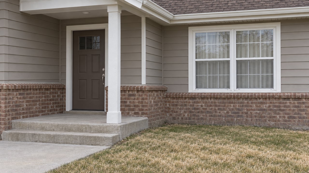 A recessed front entry beside a white-framed window, with taupe siding, weathered brick and concrete steps above dormant lawn.