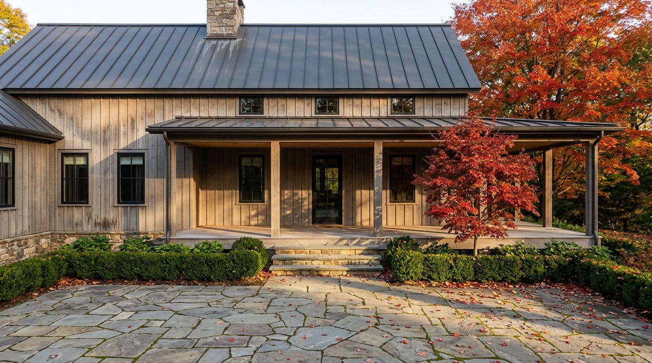 Cedar cabin with a fieldstone chimney, autumn maples, and a leaf-strewn stone motor court.