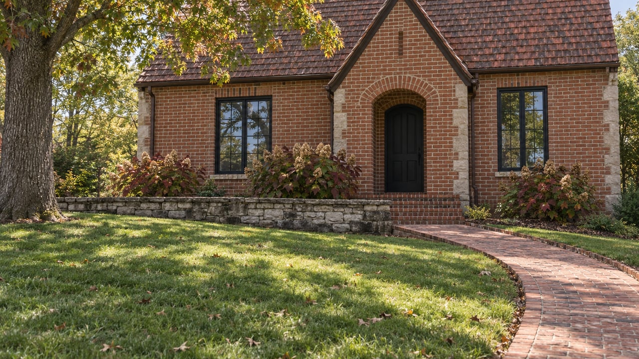 Brick cottage with an arched black entry, clay tile roof, curved brick walk, and limestone planting terrace above a sloping lawn.
