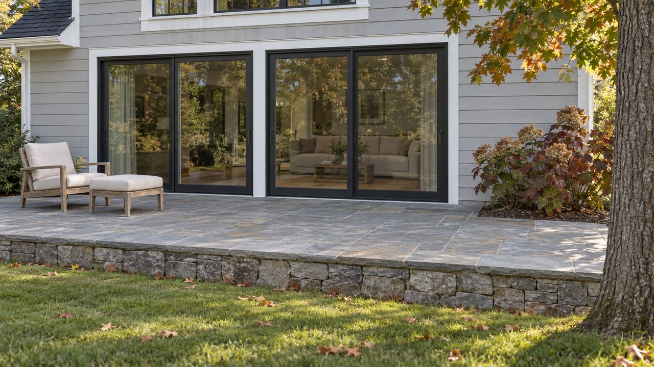 Pale-gray home with black-framed glass doors, a sandstone terrace, weathered teak seating, and autumn oak leaves beside a sloping lawn.