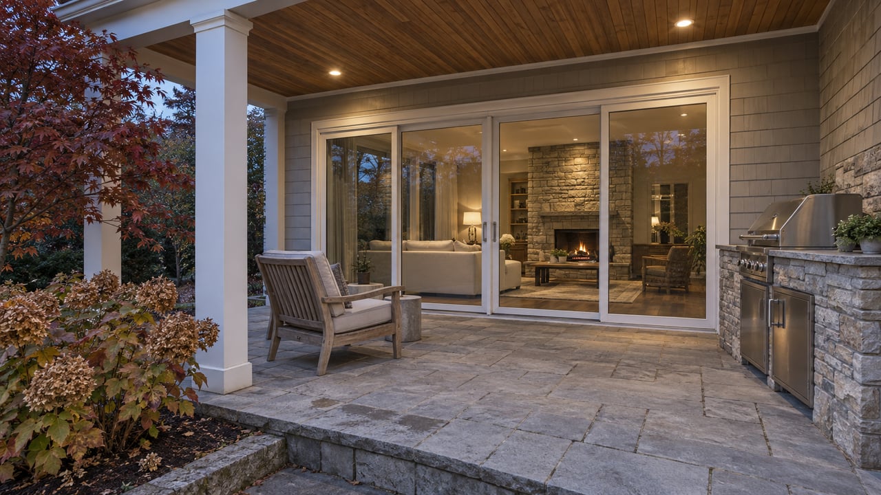 Covered patio at blue hour with a wood ceiling, stone grill station and glass doors looking into a warm living room.