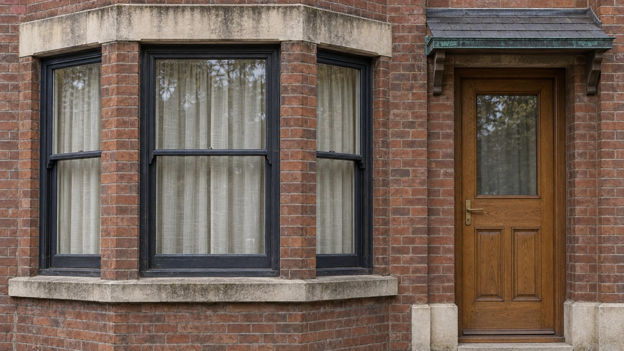Close view of a red-brown brick home with timber sash bay windows, weathered limestone trim and a recessed oak entrance door.