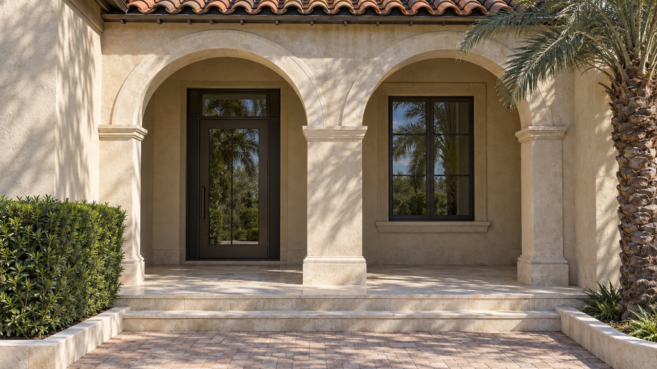 Sand-colored stucco entry loggia with terracotta roof tiles, two arches, bronze door and window, and pale limestone steps bordered by curated planting.