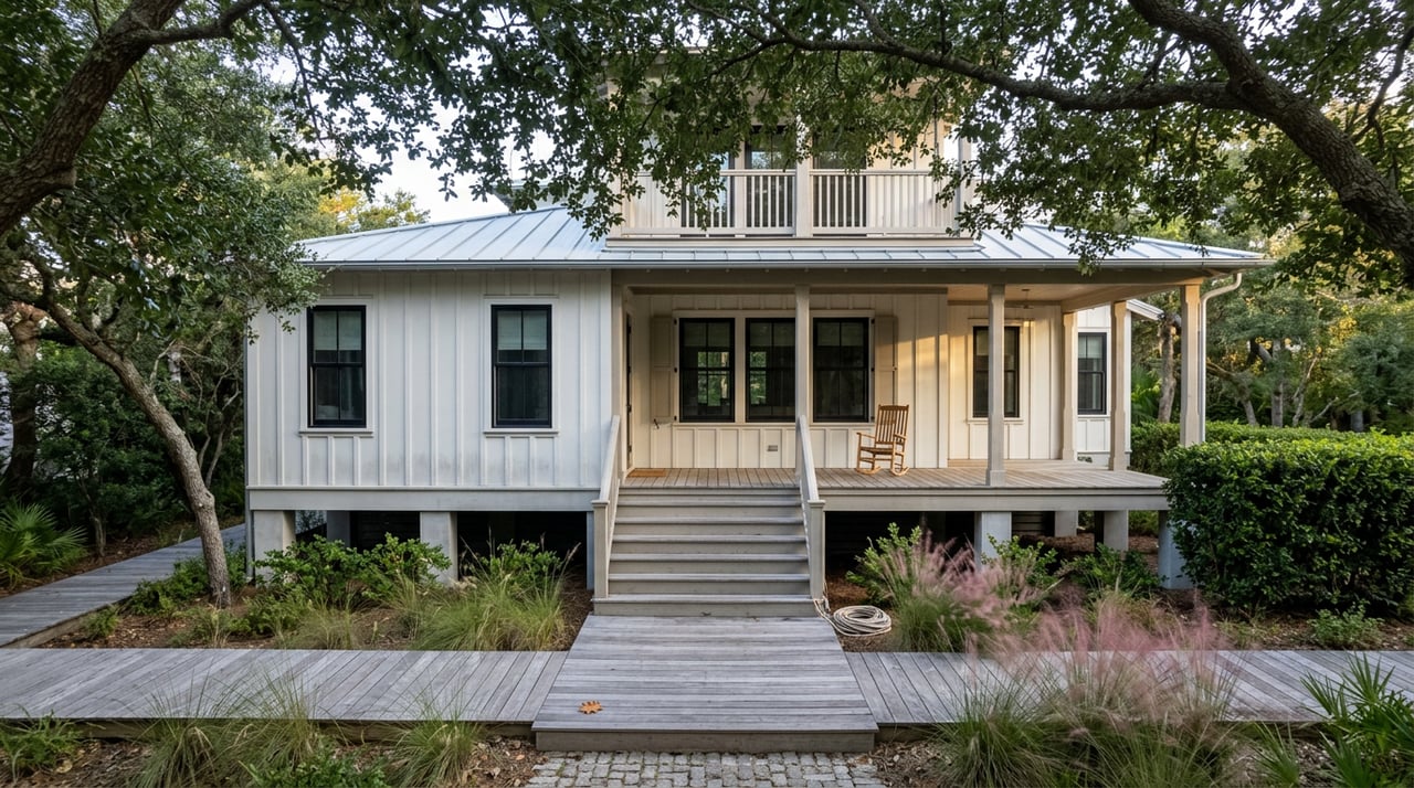 Elevated coastal home with white board-and-batten siding, framed by live oaks above a boardwalk through dune grasses.
