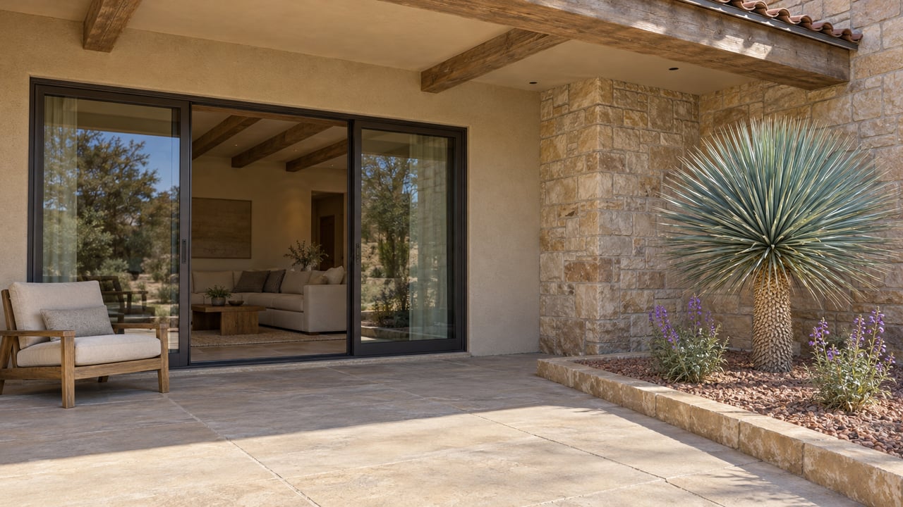 Sunlit stucco and sandstone home with bronze-framed patio doors, shaded paving and a sculptural blue-green yucca.