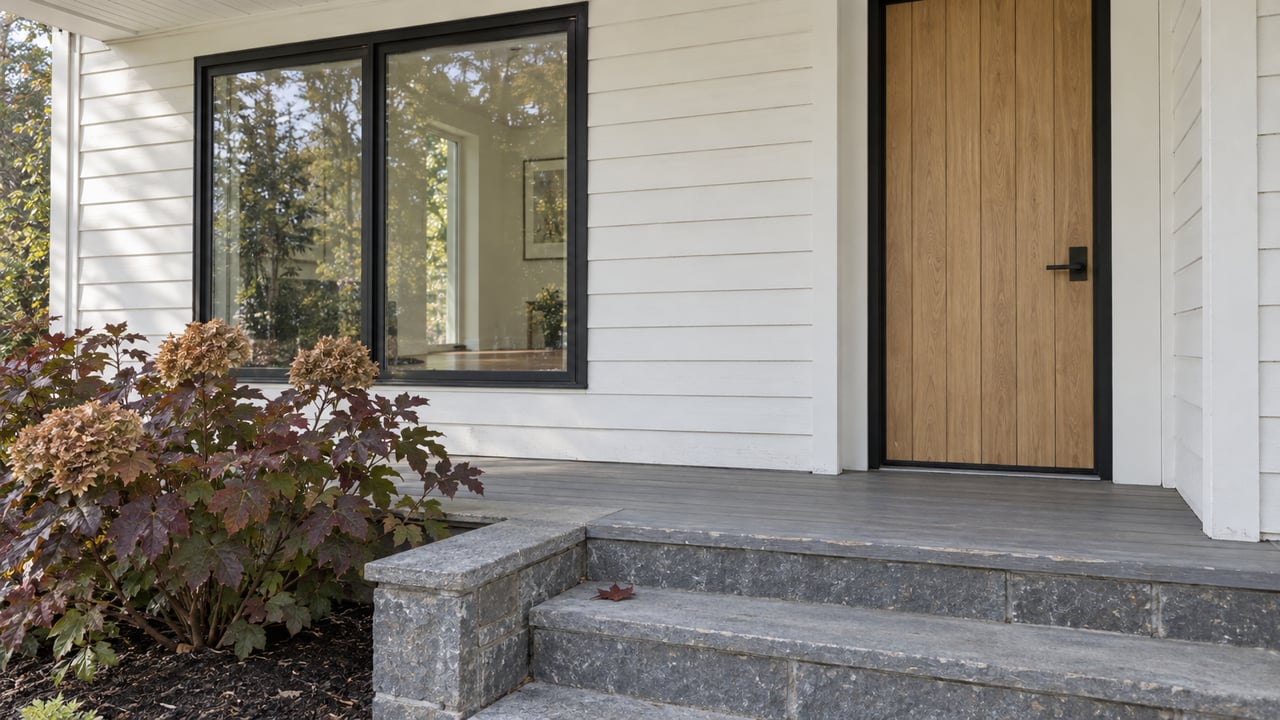 White-sided home entrance with an oak door, black-framed window, weathered bluestone steps and burgundy oakleaf hydrangea.