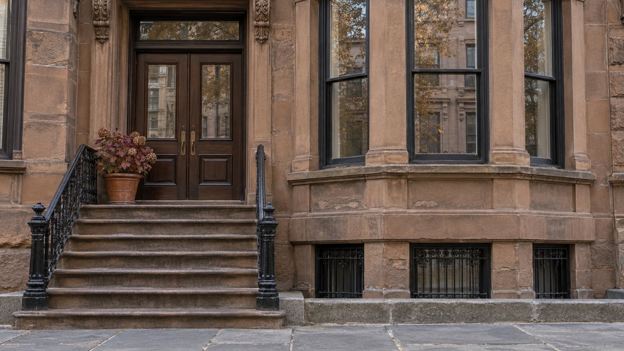 Worn sandstone townhouse steps rise beside a projecting window bay to recessed walnut double doors in soft autumn daylight.