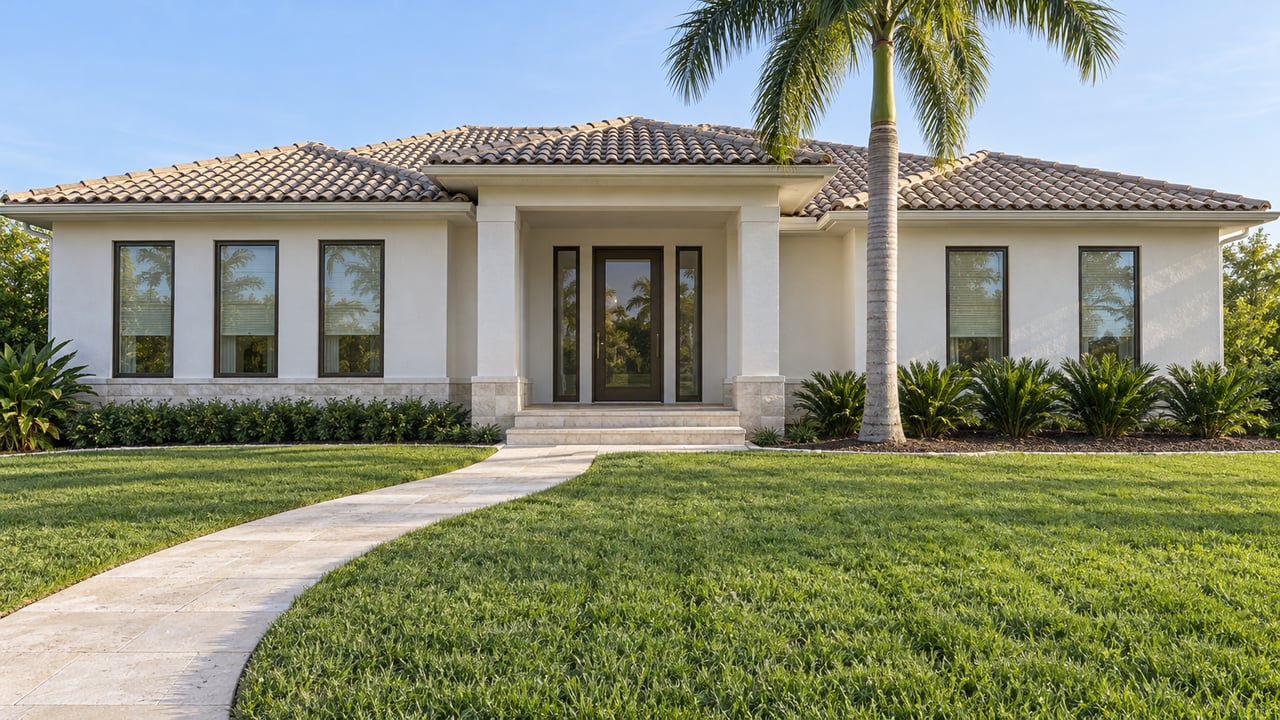 Morning sunlight across a broad lawn and limestone approach leading to a white stucco home with a pale tiled roof and one tall palm.