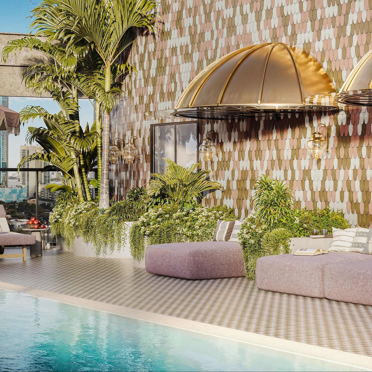 Poolside terrace with tropical landscaping, sculptural gold canopy, cushioned seating, and Miami buildings beyond.