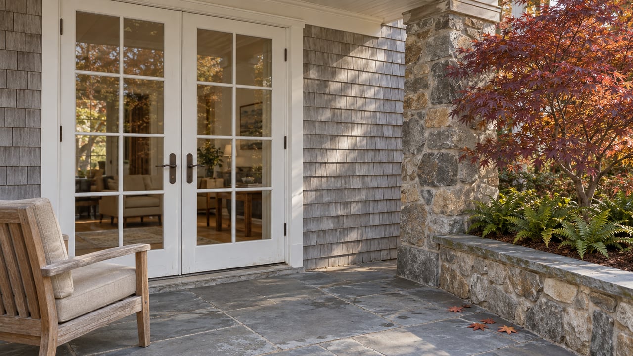 Autumn light on a cedar-shingled home's French doors, bluestone terrace, weathered teak chair and burgundy Japanese maple.
