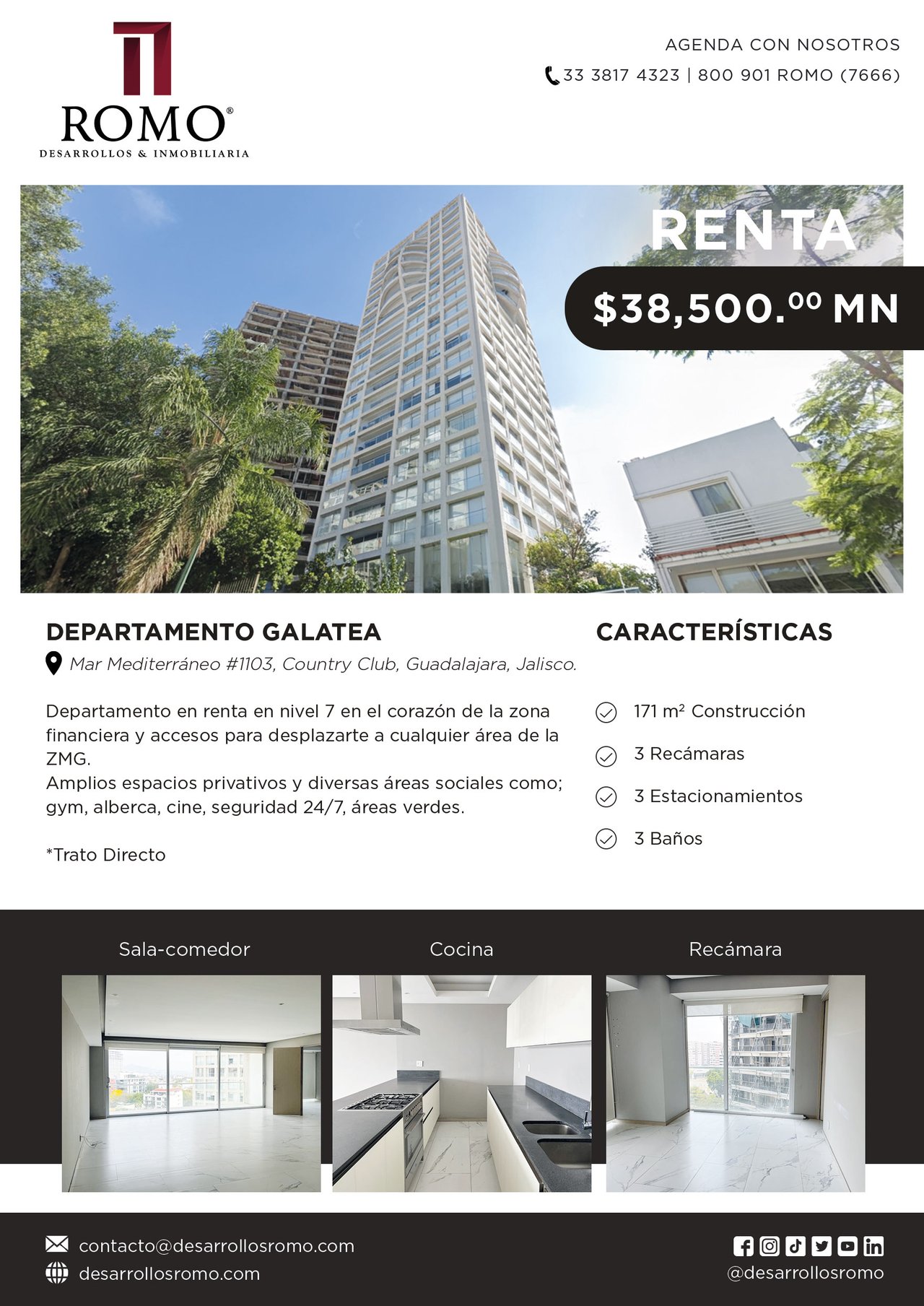 DEPARTAMENTO EN RENTA GALATEA $38,500 MN