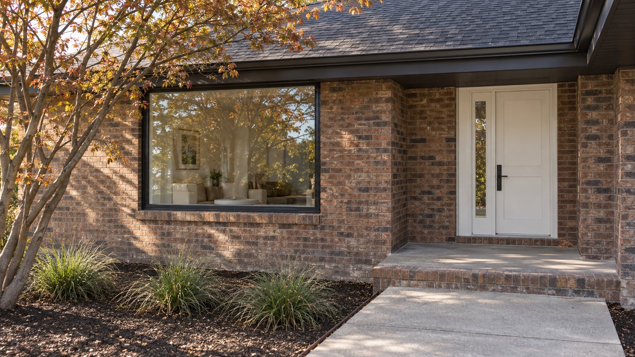 Brick home entry and wide window beneath a serviceberry tree, with a concrete walk and planted bed.