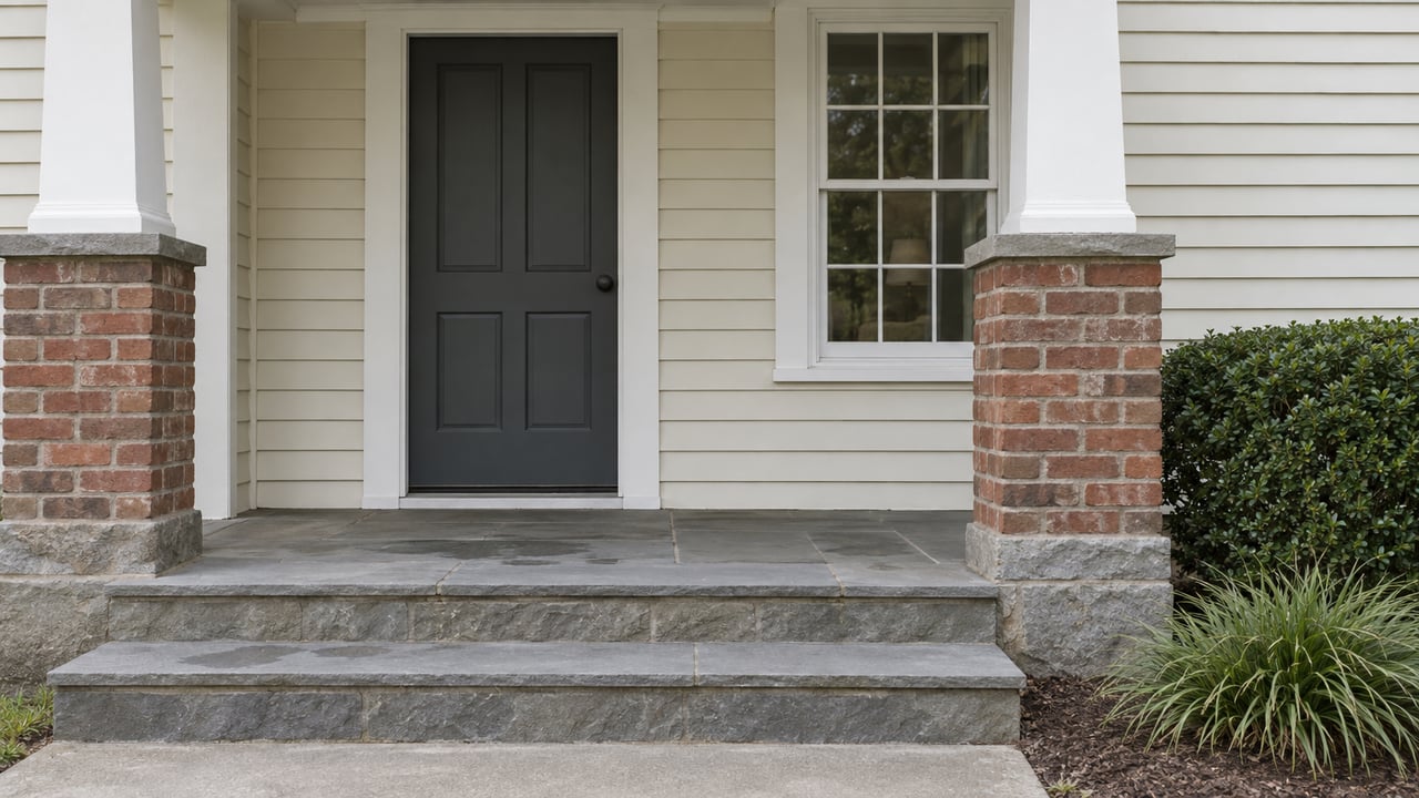 Recessed charcoal door between brick porch piers, beside a multi-pane window and bluestone steps.