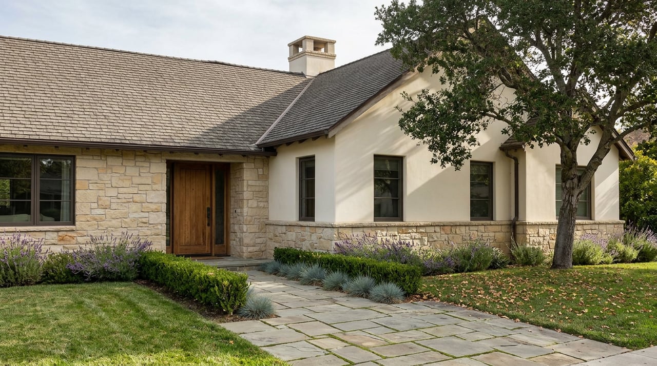 Stone-and-stucco home with steep shingled gable, oak canopy, and flagstone path across broad lawn.