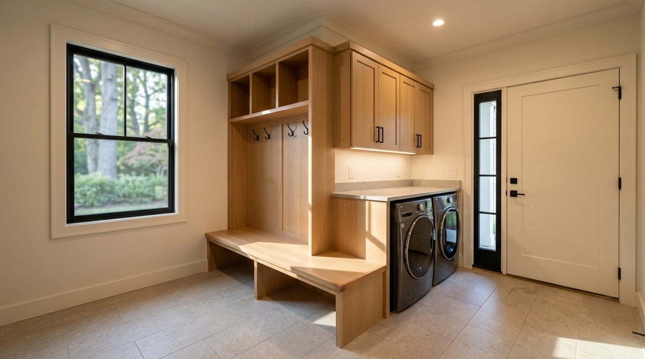 Mudroom with light-oak built-ins, black hooks, graphite washer and dryer, quartz counter, and black-framed window.