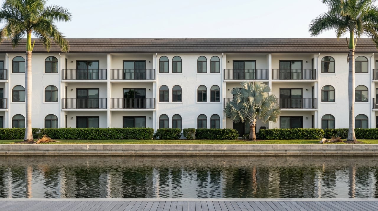 Three-story stucco condominium with arched windows and black balconies reflected in a canal, flanked by royal palms.