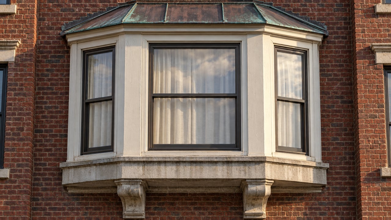 Tall glazed bay windows with weathered copper roofing project from a red-brick residential facade in afternoon light.