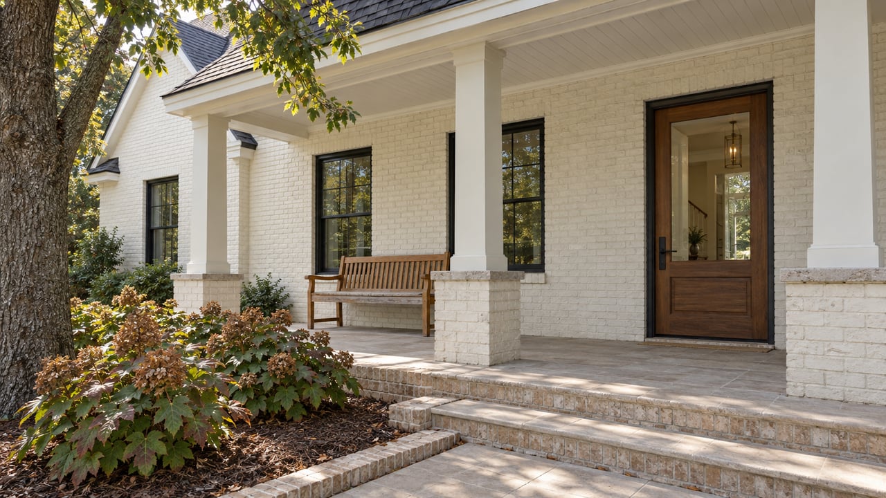 Ivory painted-brick home with a deep porch, walnut entry door, teak bench and autumn oakleaf hydrangeas.