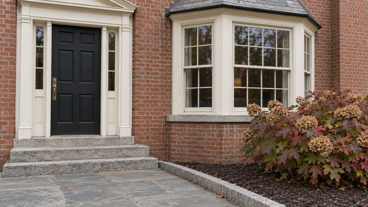 Brick townhouse entrance beside a cream-painted bay window, with worn stone steps and burgundy oakleaf hydrangea foliage.