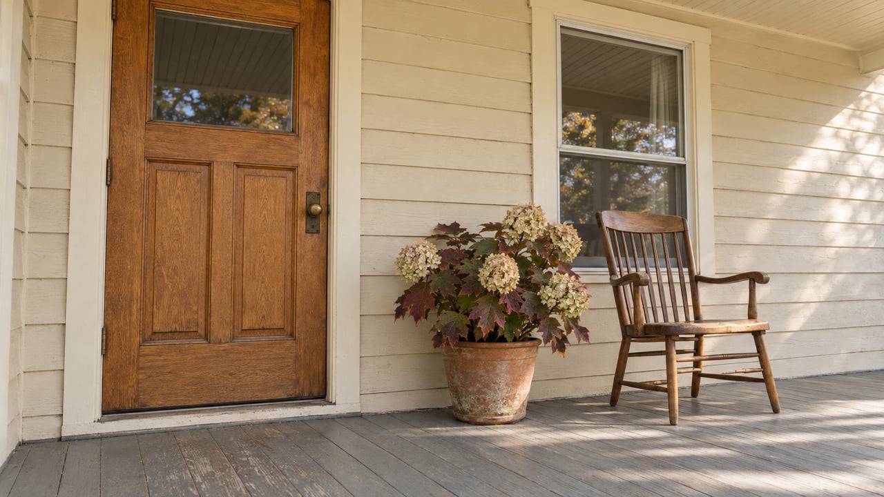 Cream clapboard bungalow entry with a closed oak door, worn gray porch floor, oak chair and potted oakleaf hydrangea.
