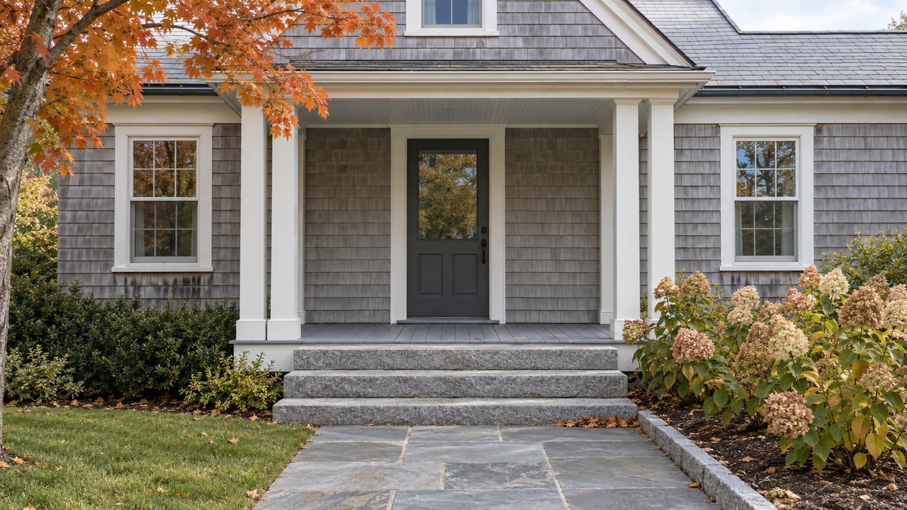 Grey cedar-shingled home with a sheltered entry, granite steps, bluestone walk and faded autumn hydrangeas.