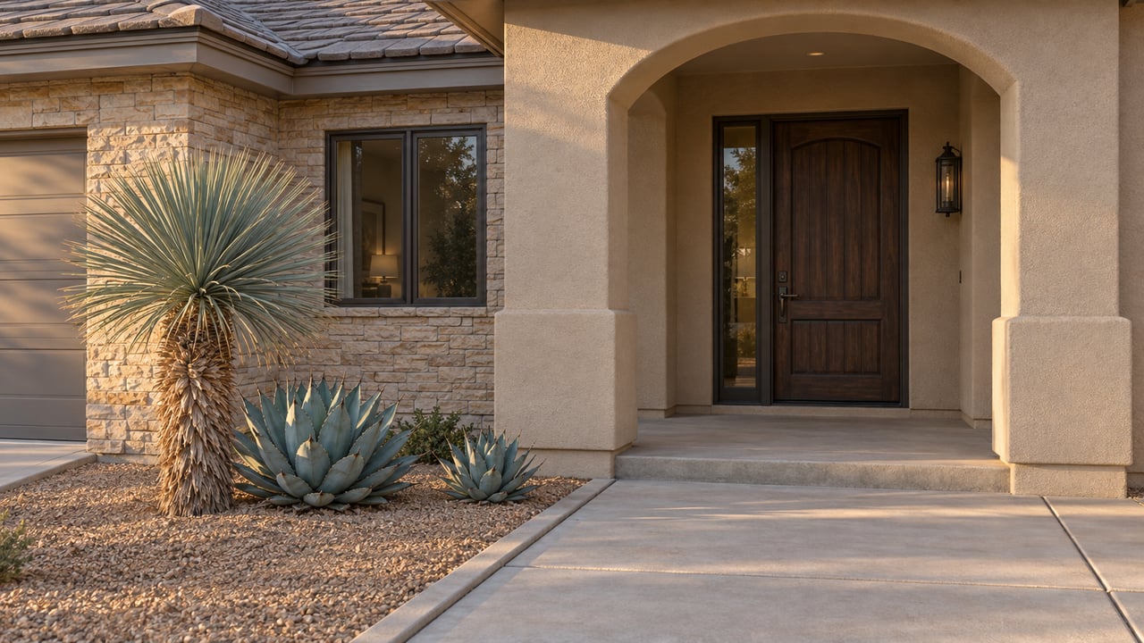 Warm evening light on a stucco home's arched entry, limestone garage return and concrete walk beside silver-blue desert plants.