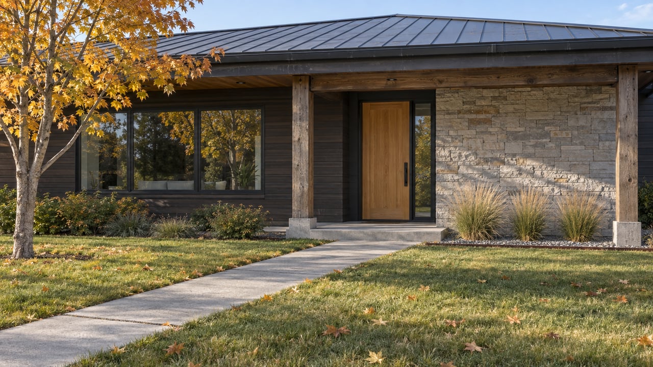 Morning light on a timber-and-stone home with a deep autumn lawn, concrete entry walk, and yellow-leaved maple.
