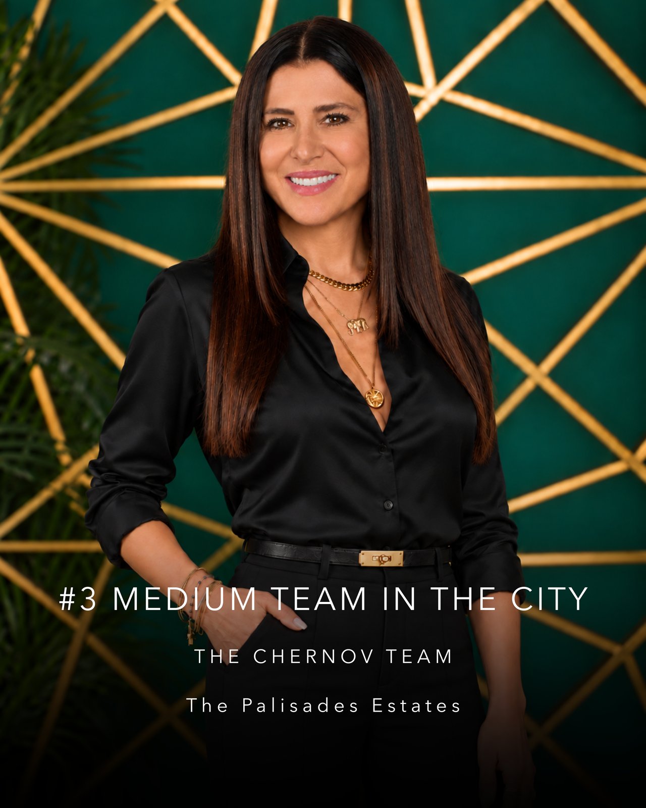 Jacqueline Chernov, real estate agent, wearing black against a green and gold geometric backdrop.