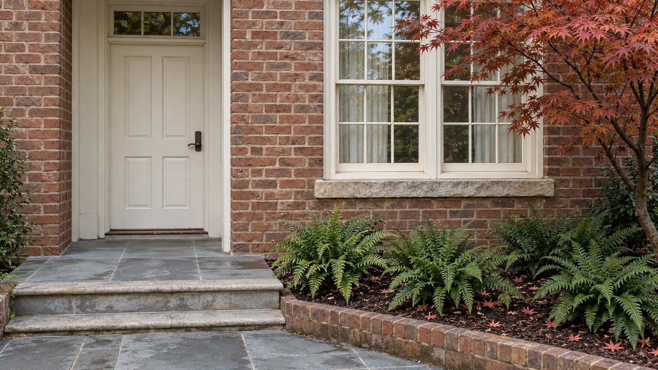 Brick townhome entrance with an ivory door, divided-light window, bluestone steps and a copper-red Japanese maple.