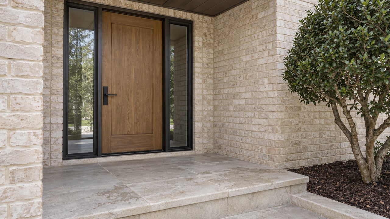Close exterior view of a recessed wood entry door with paired black-framed sidelights, ivory brick, limestone steps and a sculptural yaupon holly.