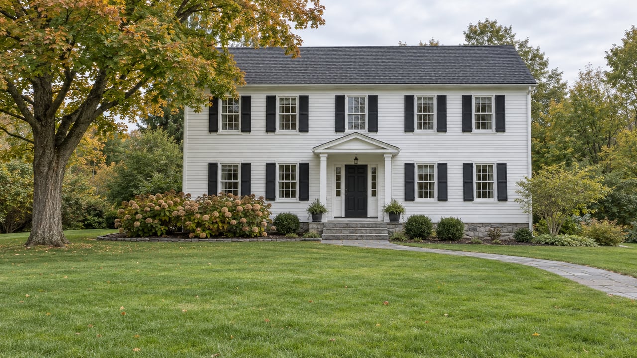 White clapboard house with black shutters, a gray stone approach, broad green lawn, and a mature maple beginning to turn amber.