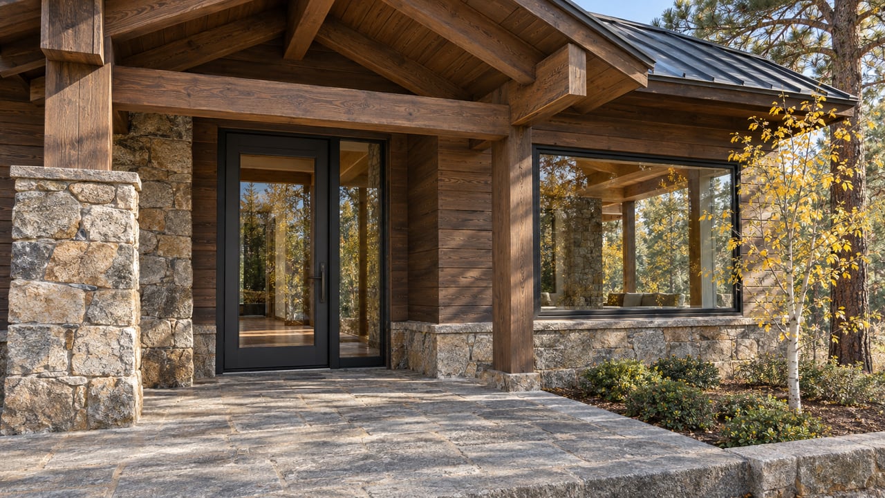 Morning sunlight across a timber-and-stone home's covered entry terrace, with dark-framed glazing and golden aspen leaves.