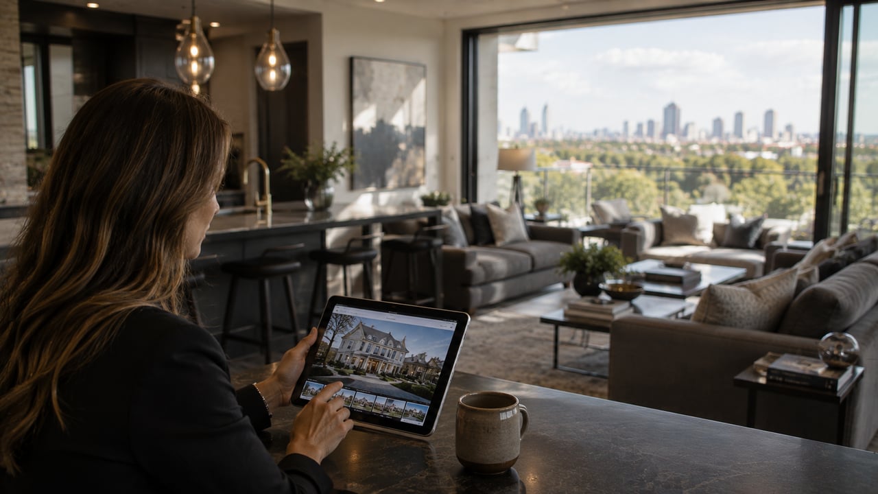 A luxury home buyer browsing high-end property listings on a tablet inside an upscale modern residence, reflecting how technology, digital listings, and online research have transformed the luxury home search process.