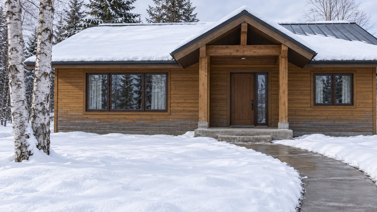 Timber-sided single-story home with a snow-covered metal roof, sheltered entry and cleared concrete walk across a broad snowy yard, framed by white-barked birches.