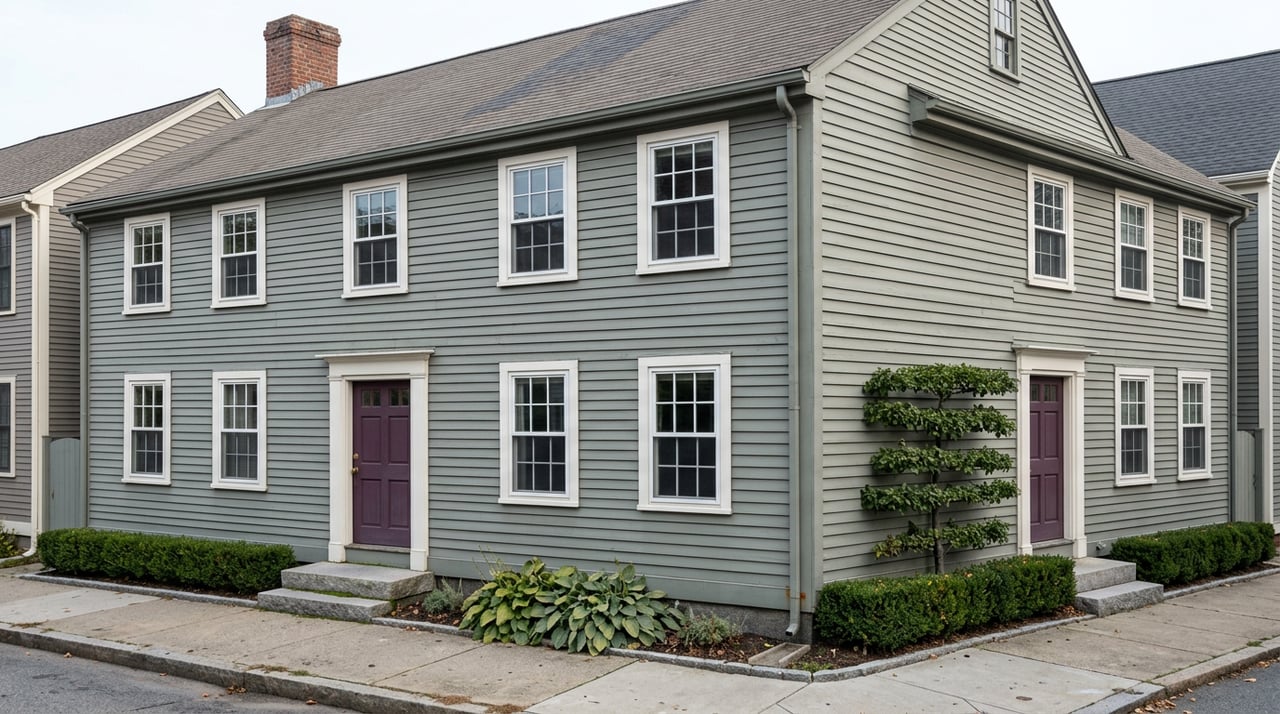 Gray-green clapboard house with a plum door, granite steps, and a narrow boxwood-lined garden.